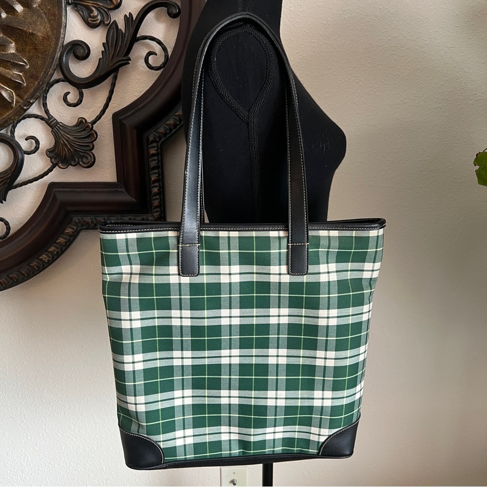 Vintage Marshall Field’s Vegan Green White Yellow Plaid Tote